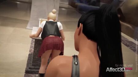 Animação 3D de namoradas futanari a fazer sexo num museu