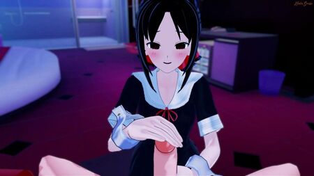 Kaguya Sama engole uma descarga, creampie na posição missionária em POV. Hentai