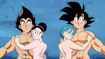 Calcinha da Bulma x Gogeta e Chichi x Son Goku - montada; creampie; orgasmo; mamas grandes; pornografia hentai de sexo em 3D; [Dragon Ball Z]